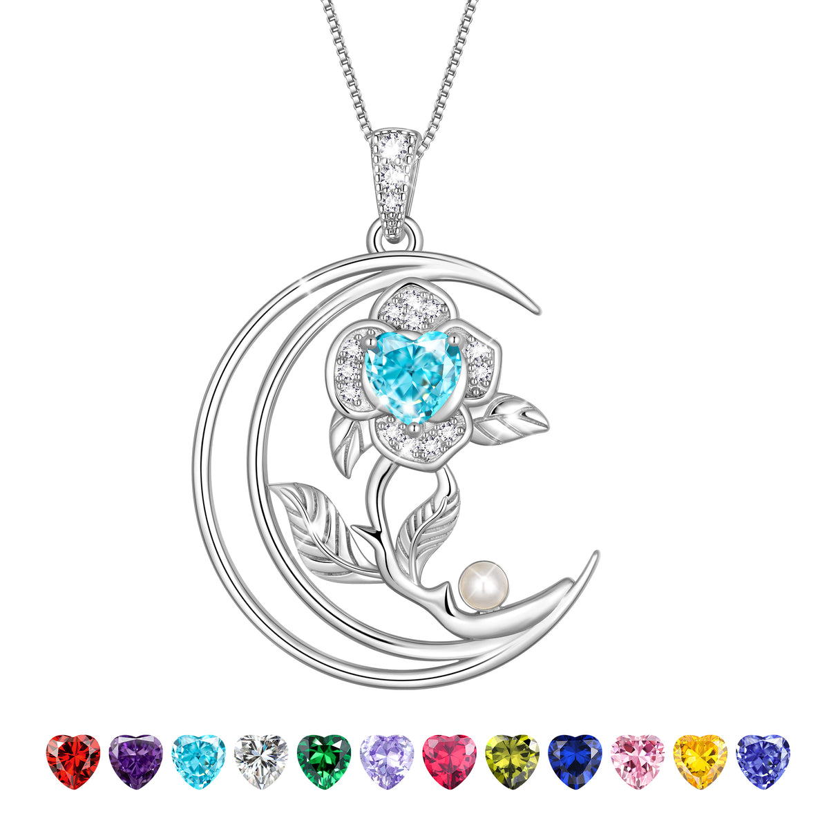 eart Flower Necklace for Women,18K White Gold Plated S925 Sterling Silver Heart Moon Birthstone Pearl Pendant Jewelry Gift for Wife Mom Girlfriend,Birthday Anniversary Gift