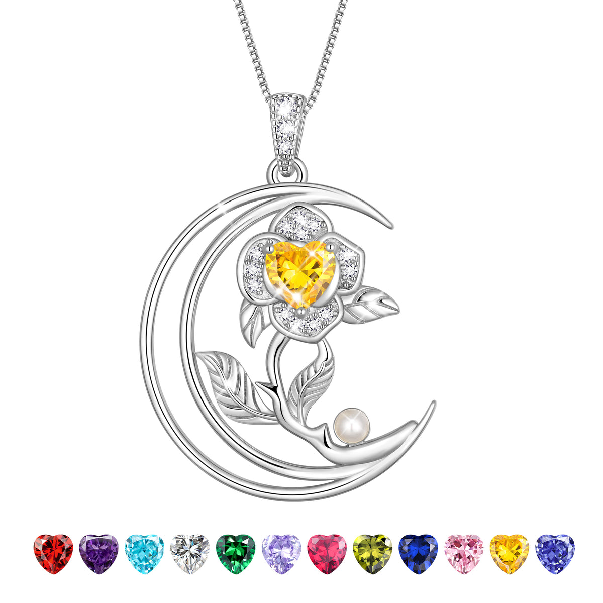 eart Flower Necklace for Women,18K White Gold Plated S925 Sterling Silver Heart Moon Birthstone Pearl Pendant Jewelry Gift for Wife Mom Girlfriend,Birthday Anniversary Gift