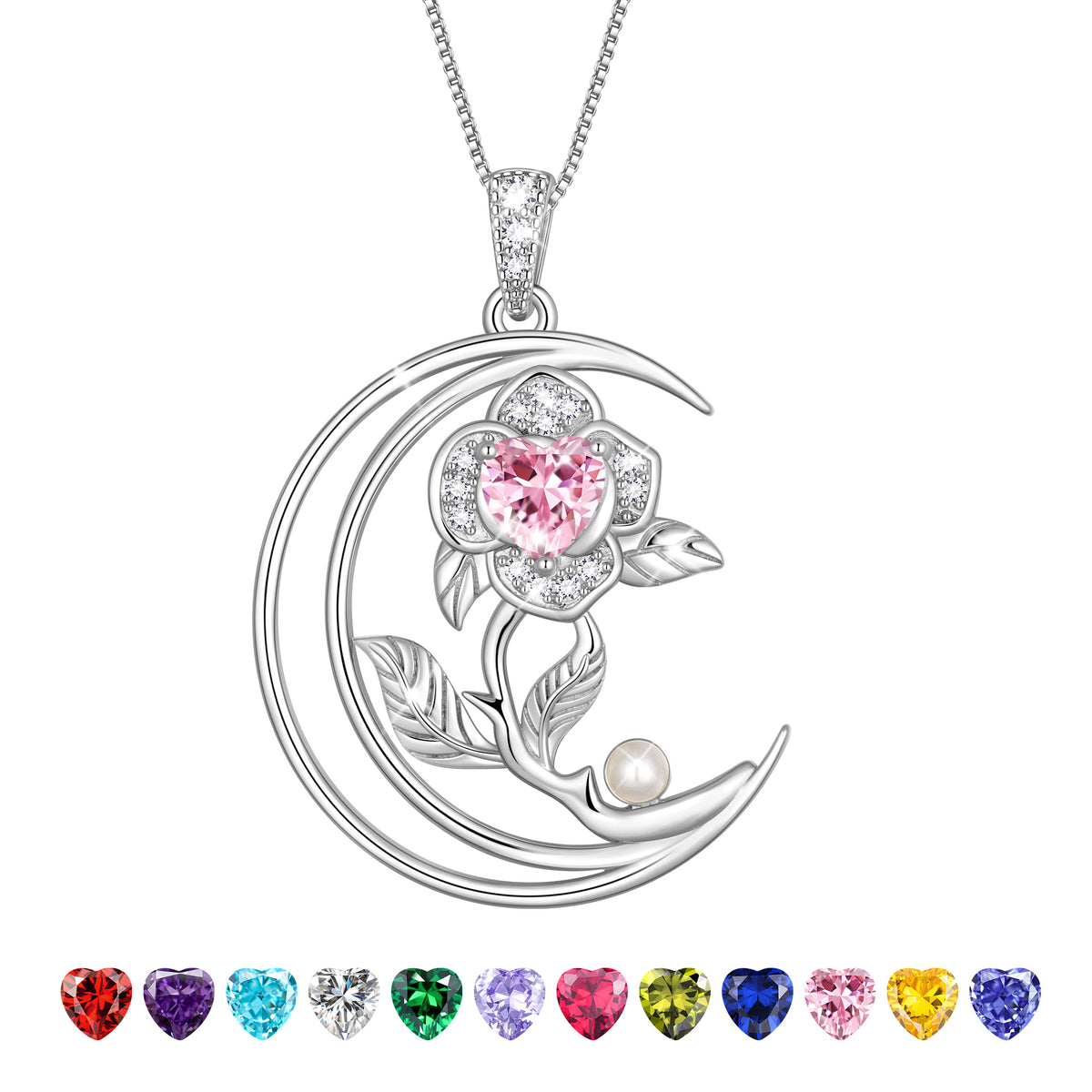 eart Flower Necklace for Women,18K White Gold Plated S925 Sterling Silver Heart Moon Birthstone Pearl Pendant Jewelry Gift for Wife Mom Girlfriend,Birthday Anniversary Gift