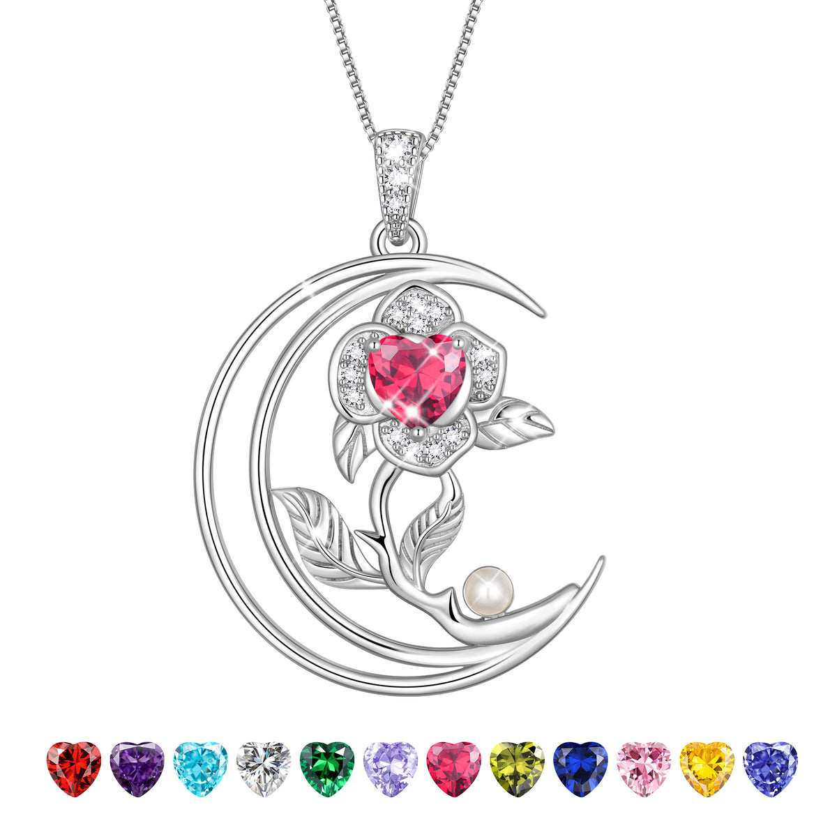 eart Flower Necklace for Women,18K White Gold Plated S925 Sterling Silver Heart Moon Birthstone Pearl Pendant Jewelry Gift for Wife Mom Girlfriend,Birthday Anniversary Gift
