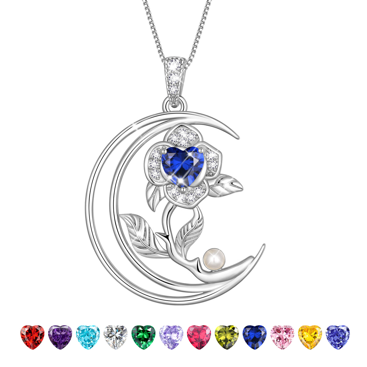 eart Flower Necklace for Women,18K White Gold Plated S925 Sterling Silver Heart Moon Birthstone Pearl Pendant Jewelry Gift for Wife Mom Girlfriend,Birthday Anniversary Gift
