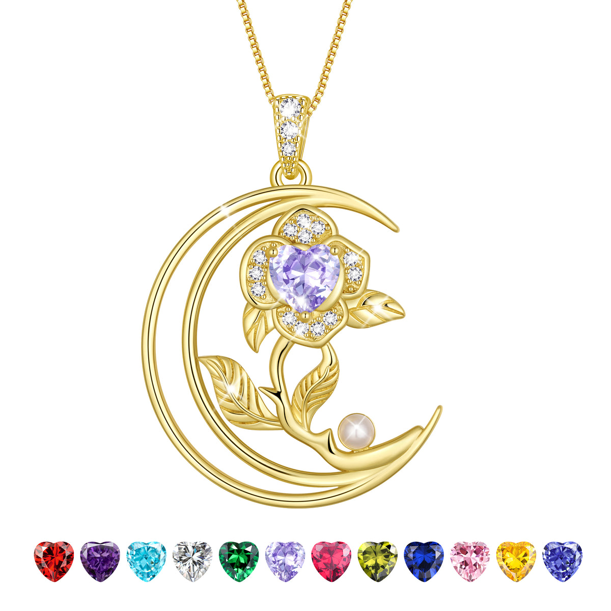 eart Flower Necklace for Women,18K White Gold Plated S925 Sterling Silver Heart Moon Birthstone Pearl Pendant Jewelry Gift for Wife Mom Girlfriend,Birthday Anniversary Gift