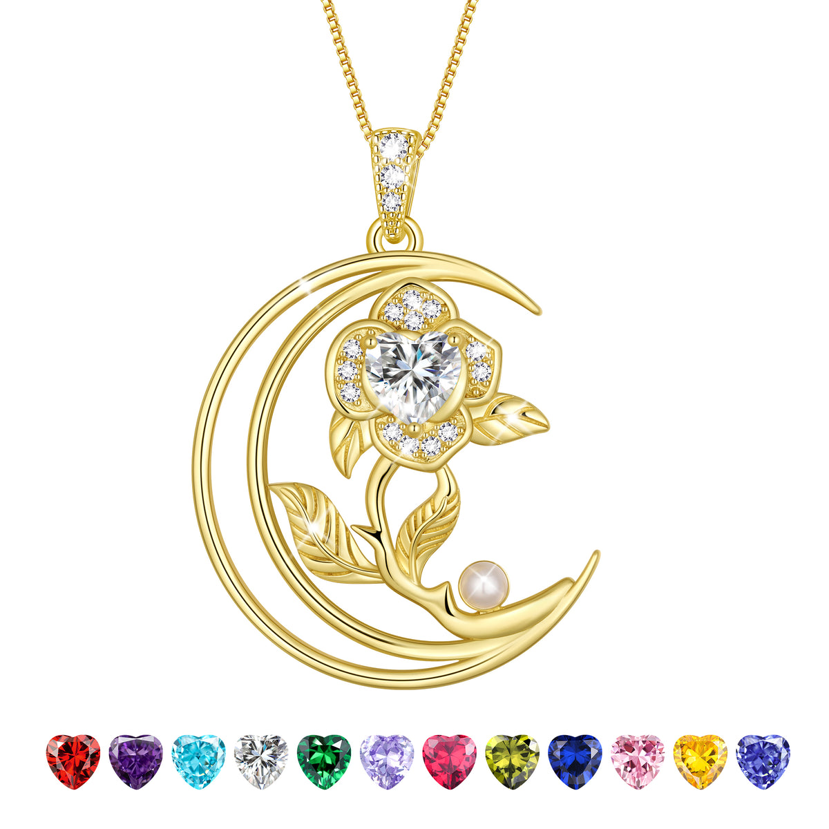 eart Flower Necklace for Women,18K White Gold Plated S925 Sterling Silver Heart Moon Birthstone Pearl Pendant Jewelry Gift for Wife Mom Girlfriend,Birthday Anniversary Gift