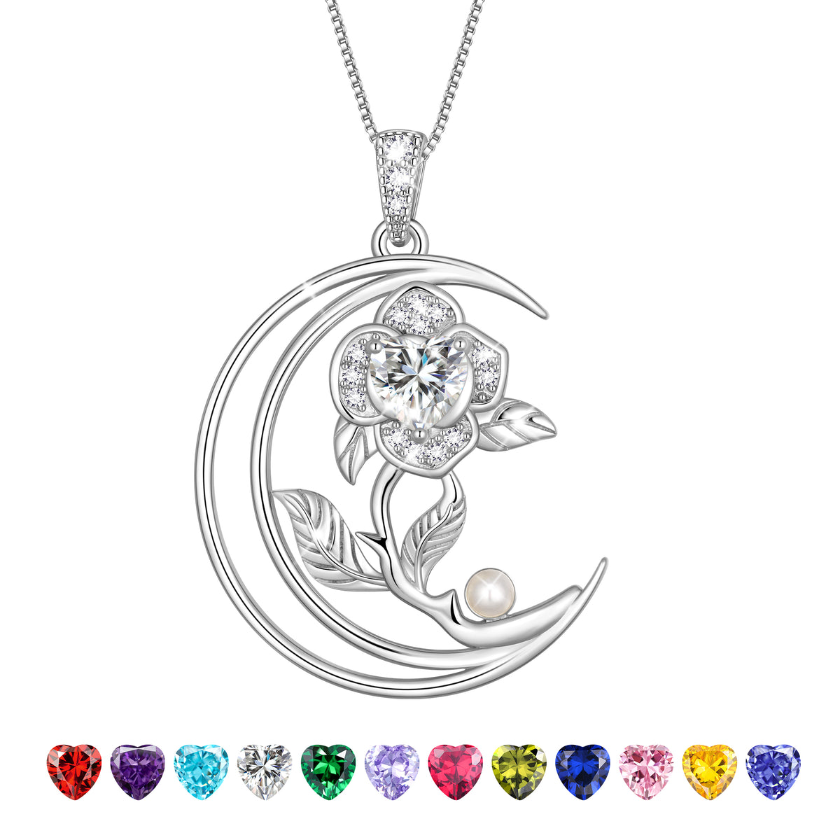 eart Flower Necklace for Women,18K White Gold Plated S925 Sterling Silver Heart Moon Birthstone Pearl Pendant Jewelry Gift for Wife Mom Girlfriend,Birthday Anniversary Gift