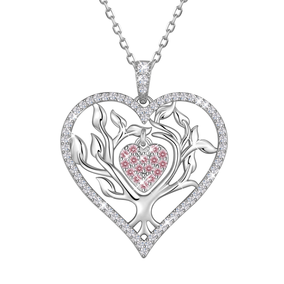Beautlace Tree of Life Heart Necklace for Women,Family Tree April Birthstone Pendant with CZ,Anniversary Birthday Jewelry Gift for Her Mom Wife Girlfriend Daughter