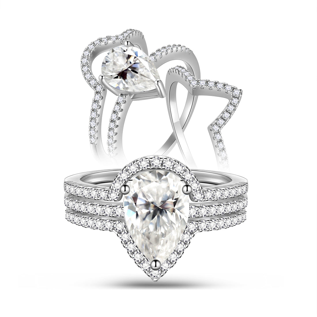 2 Ct Moissanite Engagement Ring Set | 18K White Gold over Silver Wedding Bridal Rings Set for Women | Womens Pear Engagement Band Ring