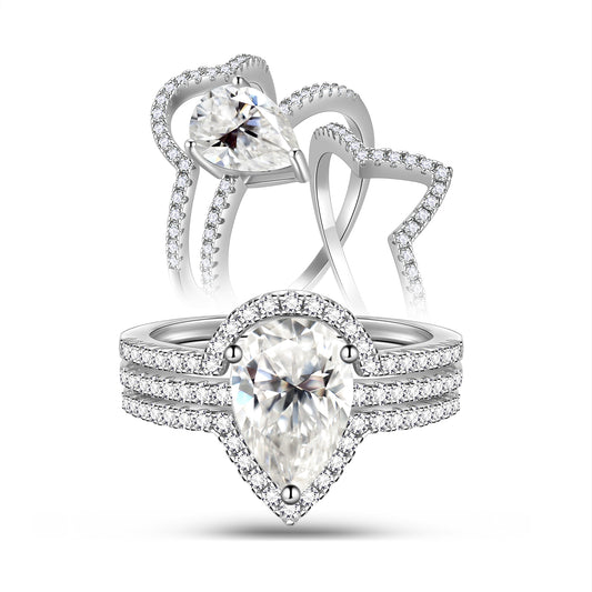 2 Ct Moissanite Engagement Ring Set | 18K White Gold over Silver Wedding Bridal Rings Set for Women | Womens Pear Engagement Band Ring