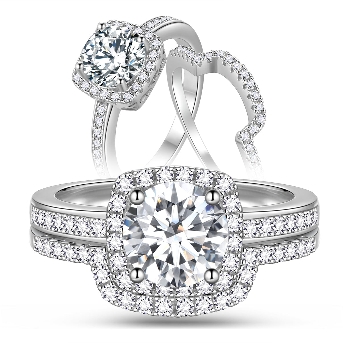 Women 1.5 Carat Moissanite Round Cut Engagement Ring Set Jewelry, Cushion Halo Design Wedding Bridal Rings, Size 6-9