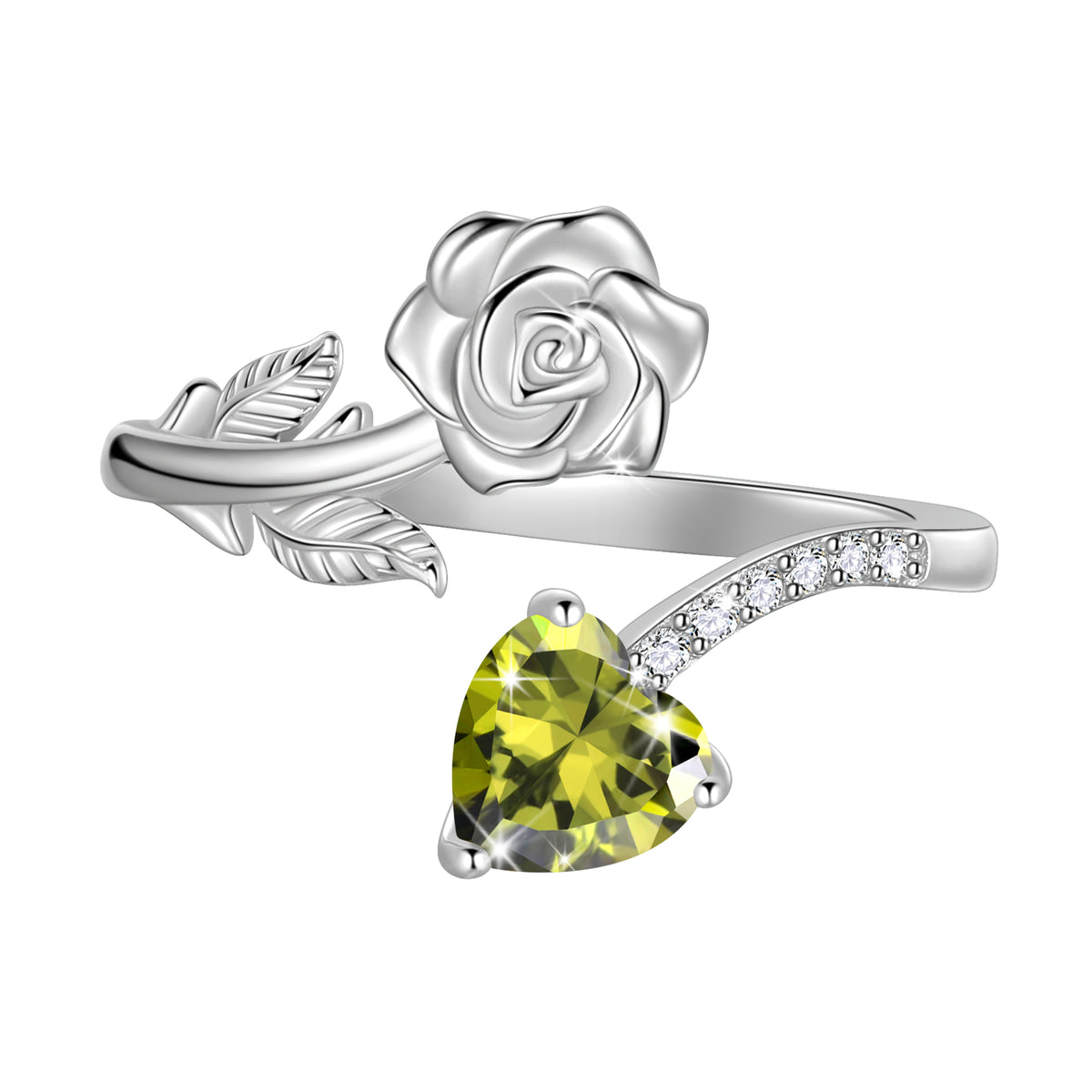 Rose Heart Birthstone Ring,925 Sterling Silver Adjustable Open Heart Rings Jewelry Gifts for Women Mom Girls