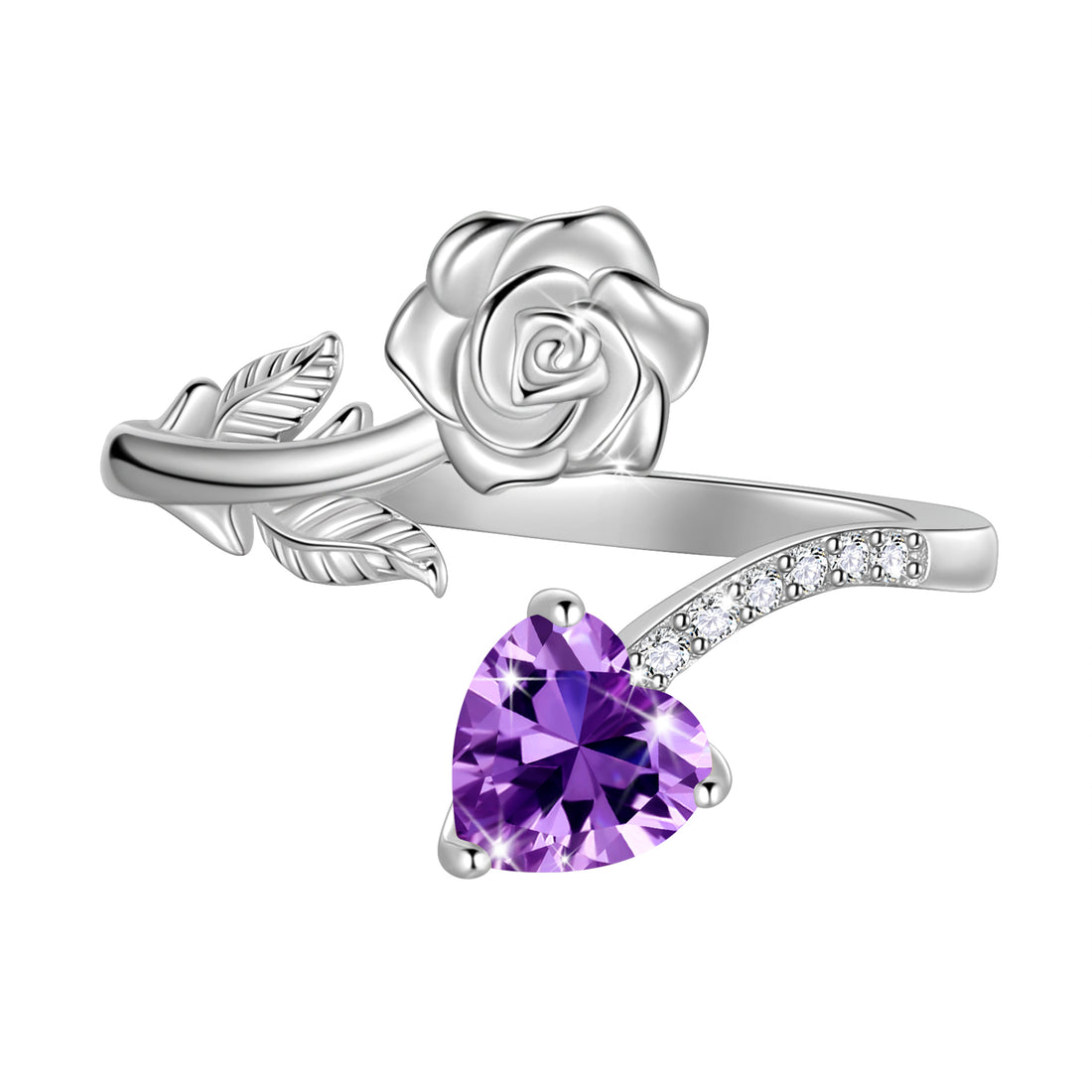 Rose Heart Birthstone Ring,925 Sterling Silver Adjustable Open Heart Rings Jewelry Gifts for Women Mom Girls