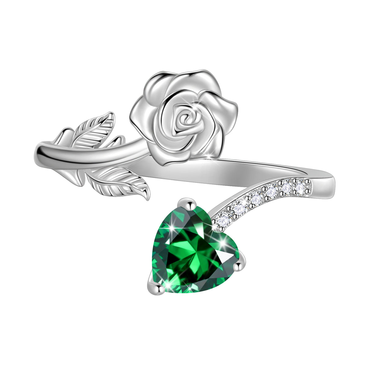 Rose Heart Birthstone Ring,925 Sterling Silver Adjustable Open Heart Rings Jewelry Gifts for Women Mom Girls