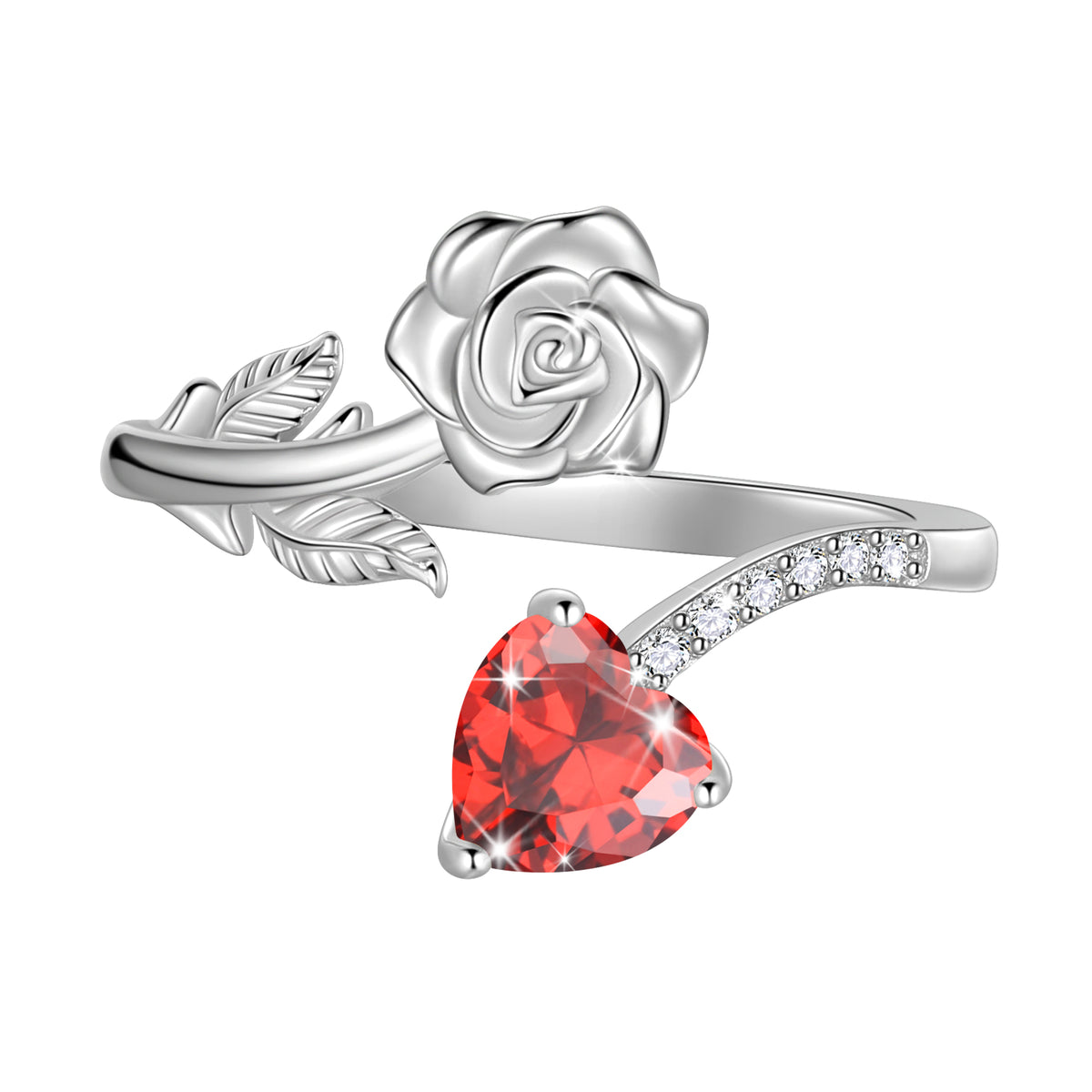 Rose Heart Birthstone Ring,925 Sterling Silver Adjustable Open Heart Rings Jewelry Gifts for Women Mom Girls