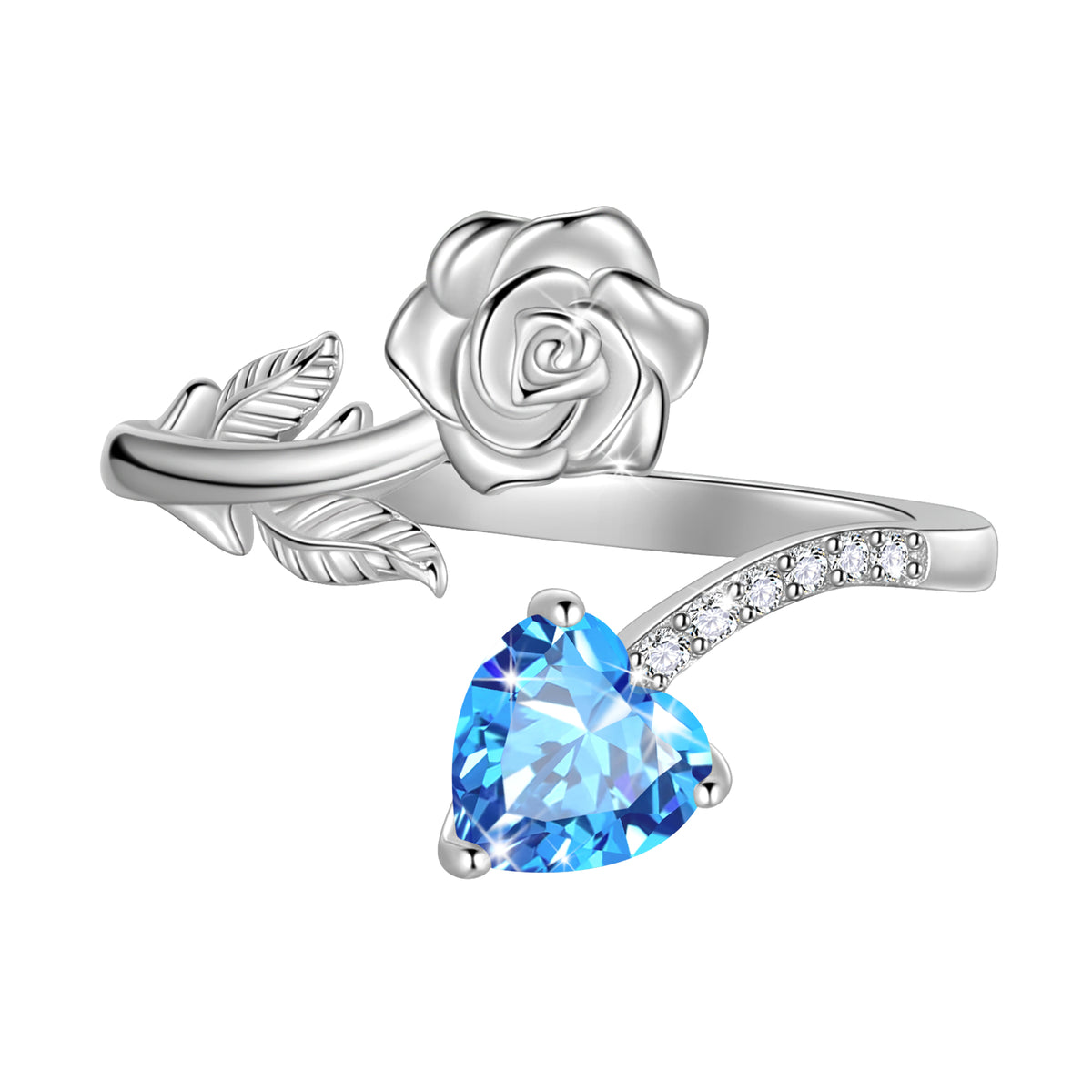 Rose Heart Birthstone Ring,925 Sterling Silver Adjustable Open Heart Rings Jewelry Gifts for Women Mom Girls