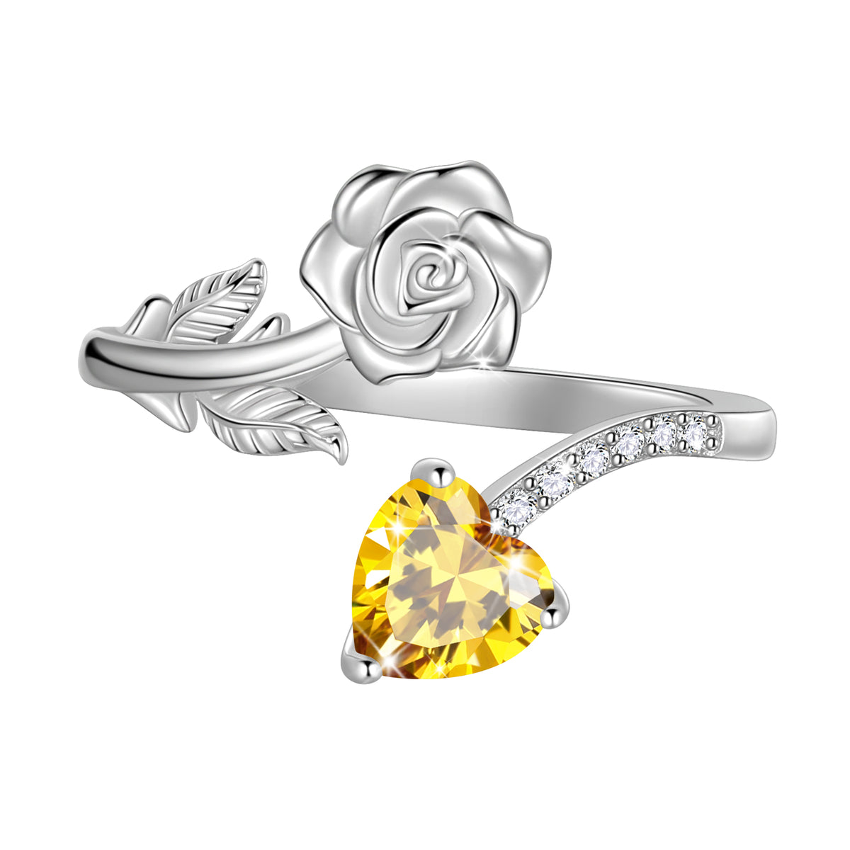 Rose Heart Birthstone Ring,925 Sterling Silver Adjustable Open Heart Rings Jewelry Gifts for Women Mom Girls