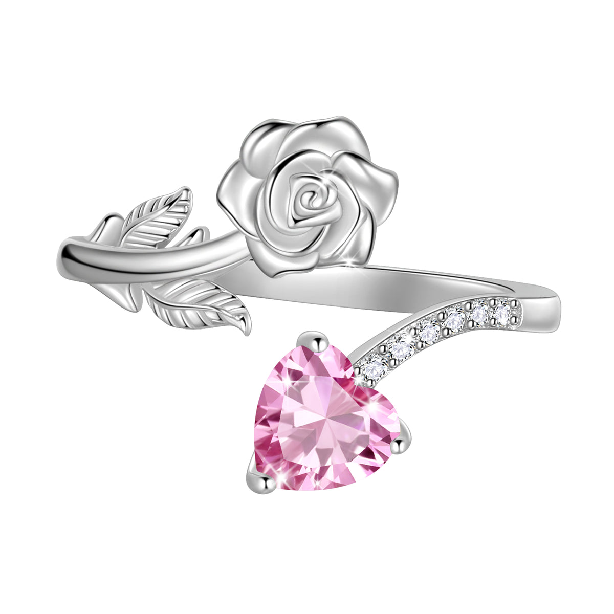Rose Heart Birthstone Ring,925 Sterling Silver Adjustable Open Heart Rings Jewelry Gifts for Women Mom Girls