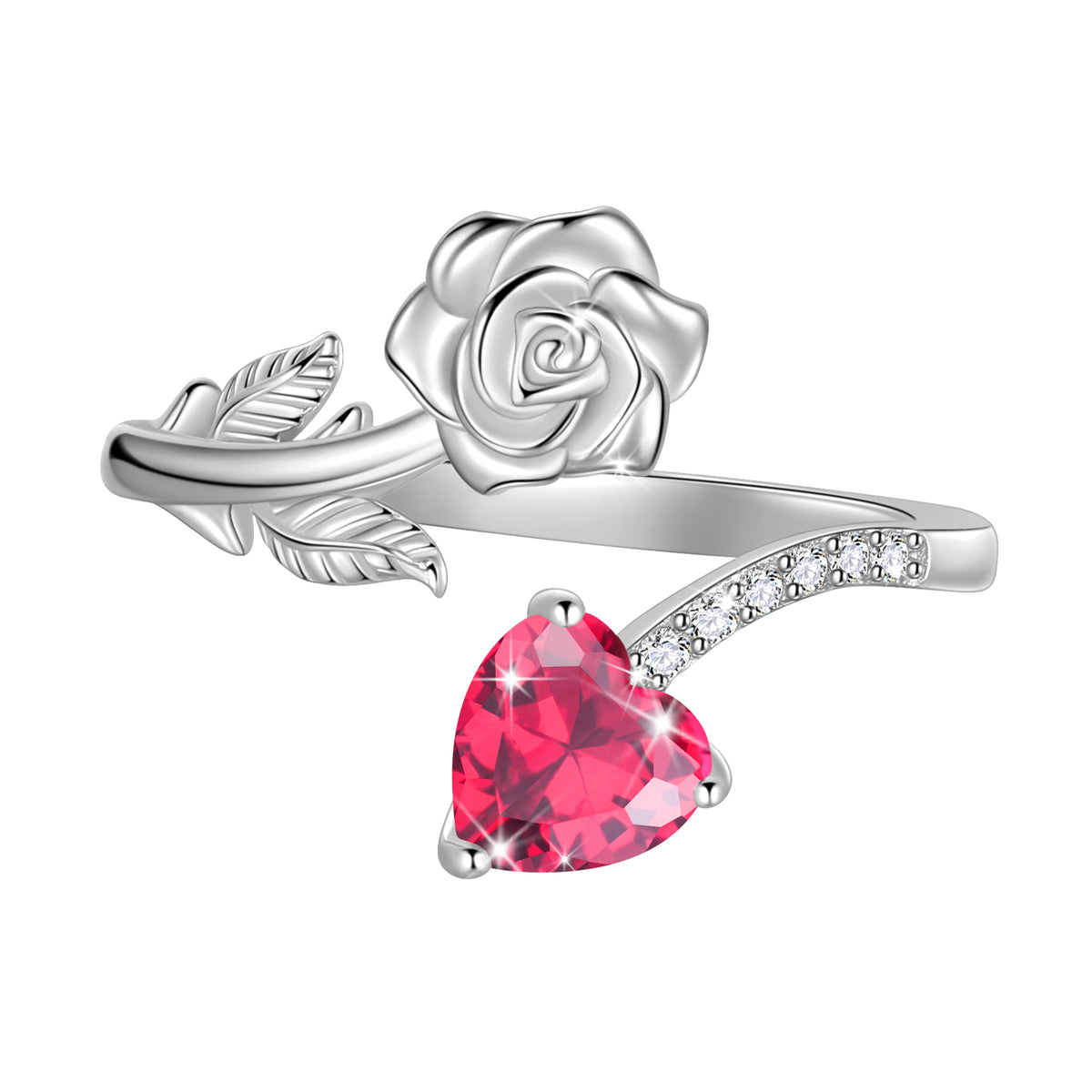Rose Heart Birthstone Ring,925 Sterling Silver Adjustable Open Heart Rings Jewelry Gifts for Women Mom Girls