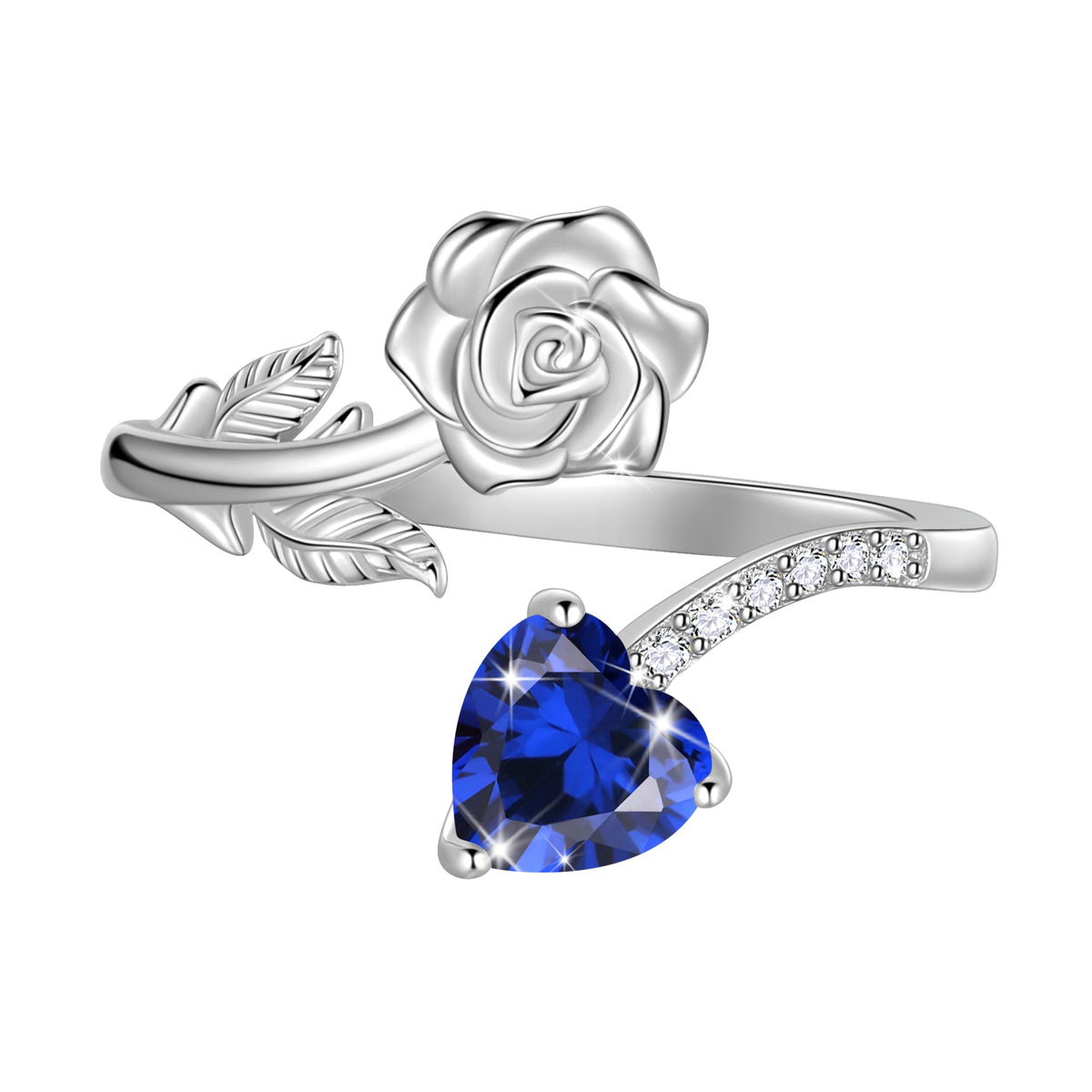 Rose Heart Birthstone Ring,925 Sterling Silver Adjustable Open Heart Rings Jewelry Gifts for Women Mom Girls
