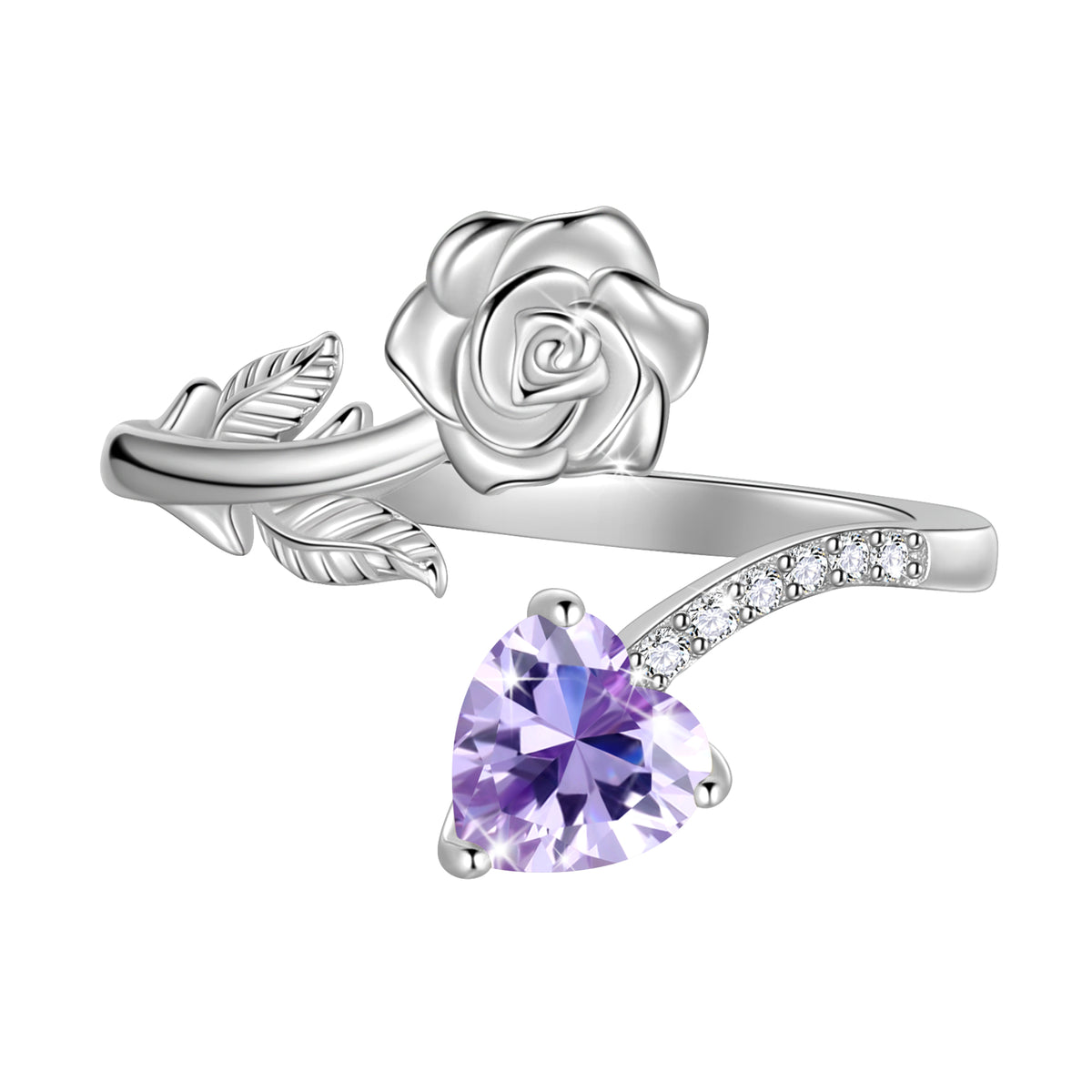 Rose Heart Birthstone Ring,925 Sterling Silver Adjustable Open Heart Rings Jewelry Gifts for Women Mom Girls