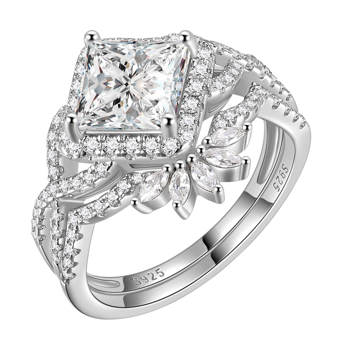 Princess Cut Engagement Rings Set for Women,Moissanite 2 Carat Promise Ring for Her,925 Sterling Silver Double Halo Ring Bridal Ring Set