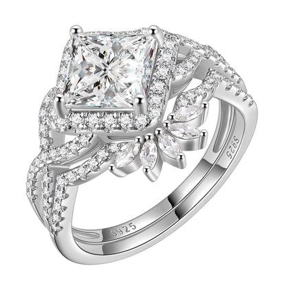 Princess Cut Engagement Rings Set for Women,Moissanite 2 Carat Promise Ring for Her,925 Sterling Silver Double Halo Ring Bridal Ring Set