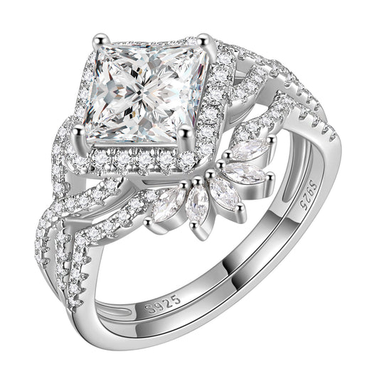 Princess Cut Engagement Rings Set for Women,Moissanite 2 Carat Promise Ring for Her,925 Sterling Silver Double Halo Ring Bridal Ring Set