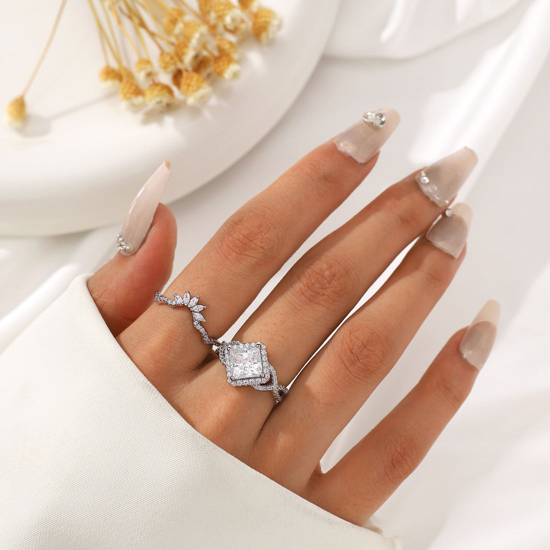 Princess Cut Engagement Rings Set for Women,Moissanite 2 Carat Promise Ring for Her,925 Sterling Silver Double Halo Ring Bridal Ring Set