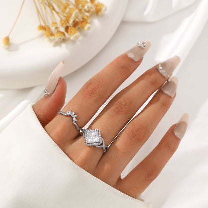 Princess Cut Engagement Rings Set for Women,Moissanite 2 Carat Promise Ring for Her,925 Sterling Silver Double Halo Ring Bridal Ring Set
