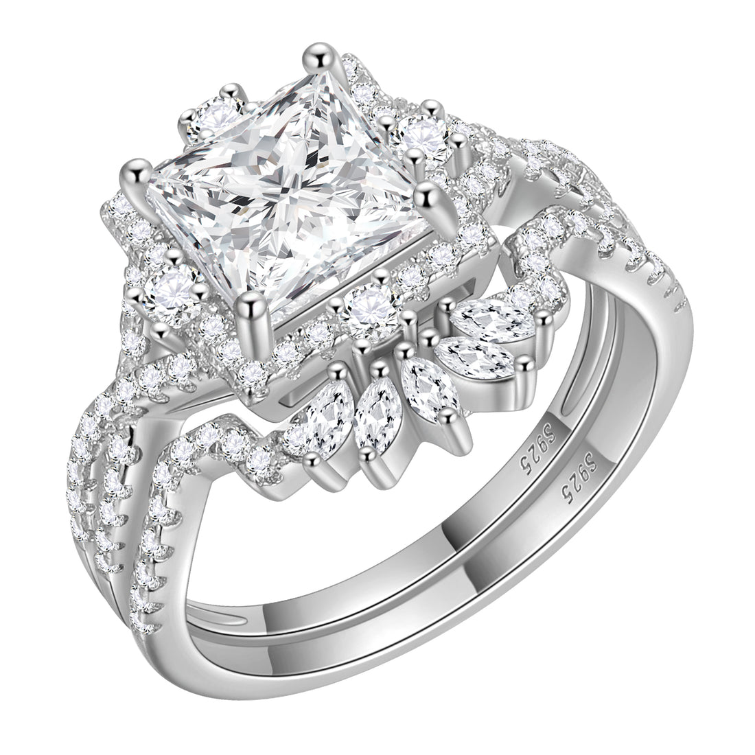 Princess Cut Engagement Rings Set for Women,3 Carat AAAAA Cz Promise Ring for Her,925 Sterling Silver Band Ring Bridal Ring Set