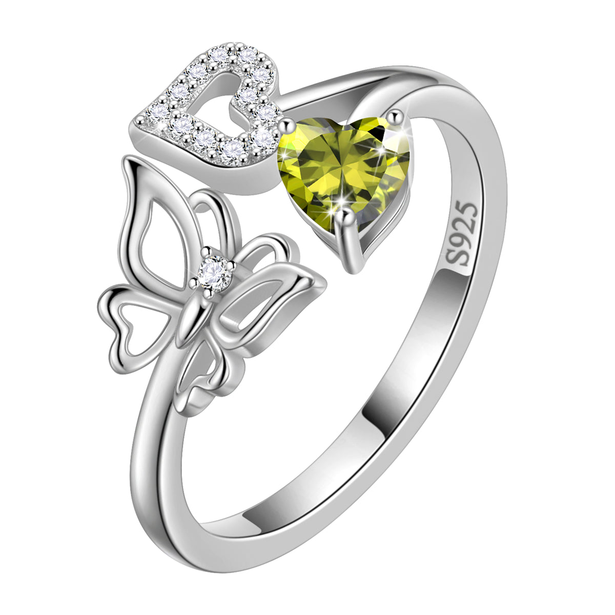 Heart Birthstone Ring,Butterfly 925 Sterling Silver Adjustable Birthstone Open Band Rings Birthday Christmas Mothers Day Jewelry Gifts for Women Mom