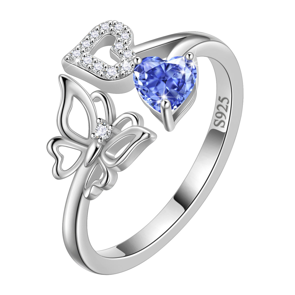Heart Birthstone Ring,Butterfly 925 Sterling Silver Adjustable Birthstone Open Band Rings Birthday Christmas Mothers Day Jewelry Gifts for Women Mom