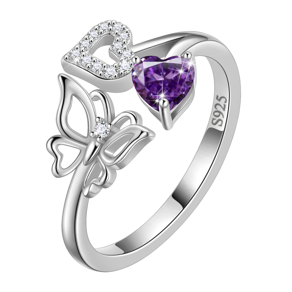 Heart Birthstone Ring,Butterfly 925 Sterling Silver Adjustable Birthstone Open Band Rings Birthday Christmas Mothers Day Jewelry Gifts for Women Mom