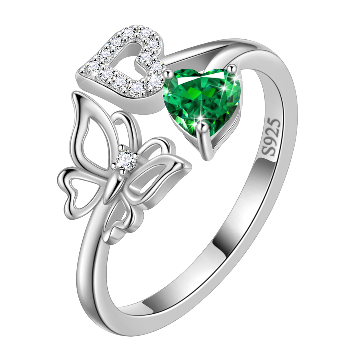 Heart Birthstone Ring,Butterfly 925 Sterling Silver Adjustable Birthstone Open Band Rings Birthday Christmas Mothers Day Jewelry Gifts for Women Mom