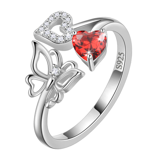 Heart Birthstone Ring,Butterfly 925 Sterling Silver Adjustable Birthstone Open Band Rings Birthday Christmas Mothers Day Jewelry Gifts for Women Mom
