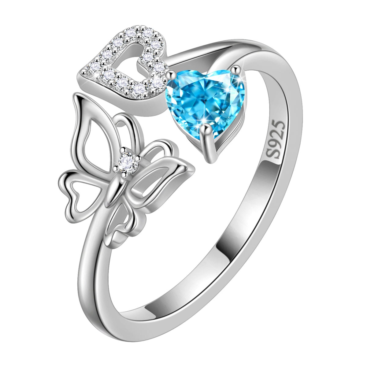 Heart Birthstone Ring,Butterfly 925 Sterling Silver Adjustable Birthstone Open Band Rings Birthday Christmas Mothers Day Jewelry Gifts for Women Mom