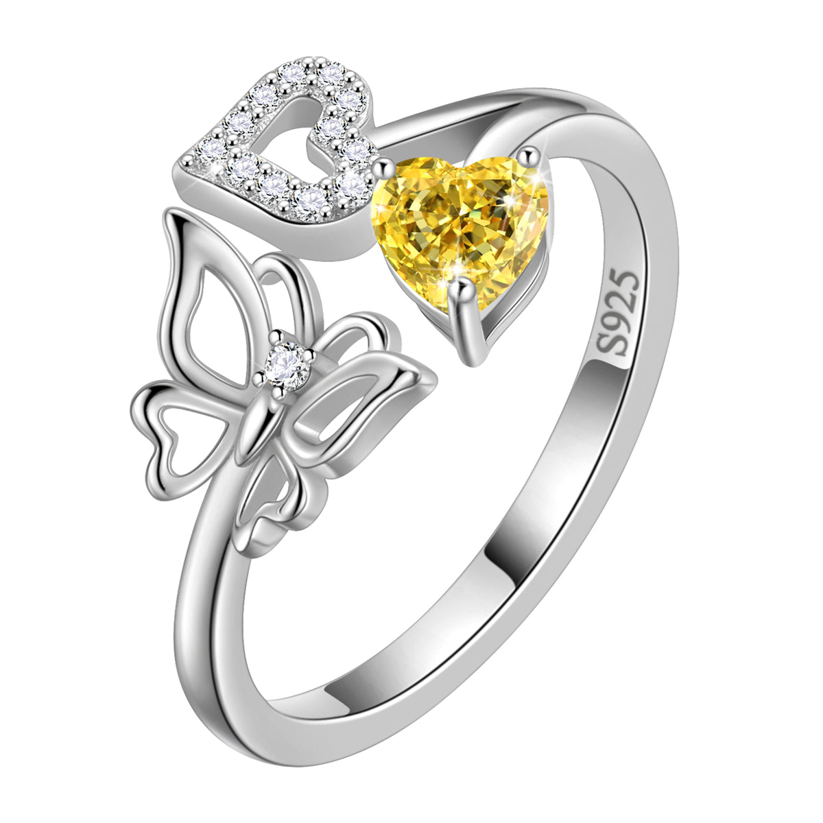 Heart Birthstone Ring,Butterfly 925 Sterling Silver Adjustable Birthstone Open Band Rings Birthday Christmas Mothers Day Jewelry Gifts for Women Mom