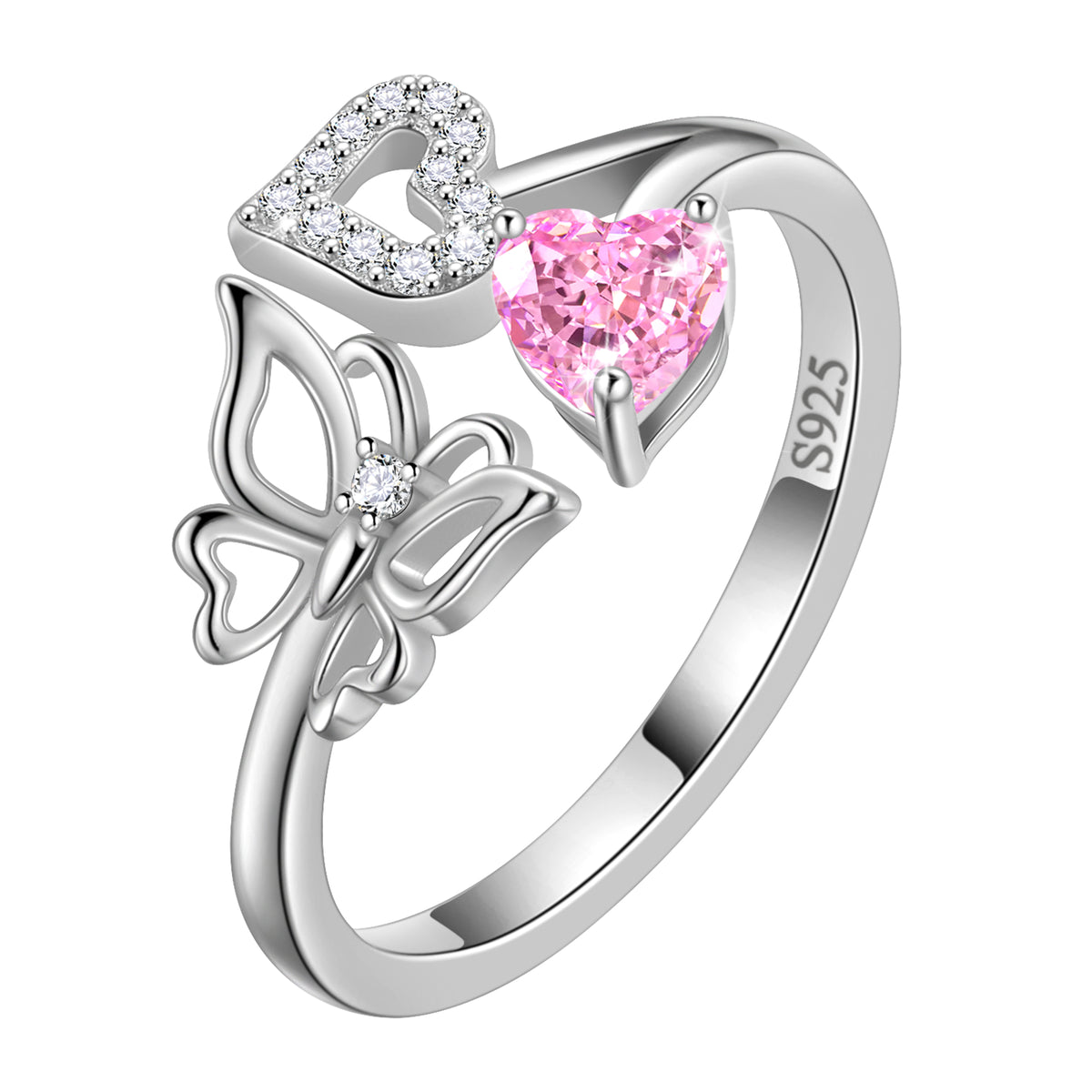 Heart Birthstone Ring,Butterfly 925 Sterling Silver Adjustable Birthstone Open Band Rings Birthday Christmas Mothers Day Jewelry Gifts for Women Mom