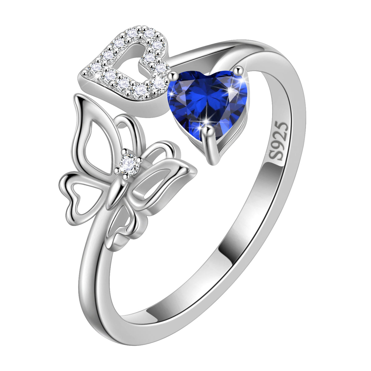 Heart Birthstone Ring,Butterfly 925 Sterling Silver Adjustable Birthstone Open Band Rings Birthday Christmas Mothers Day Jewelry Gifts for Women Mom