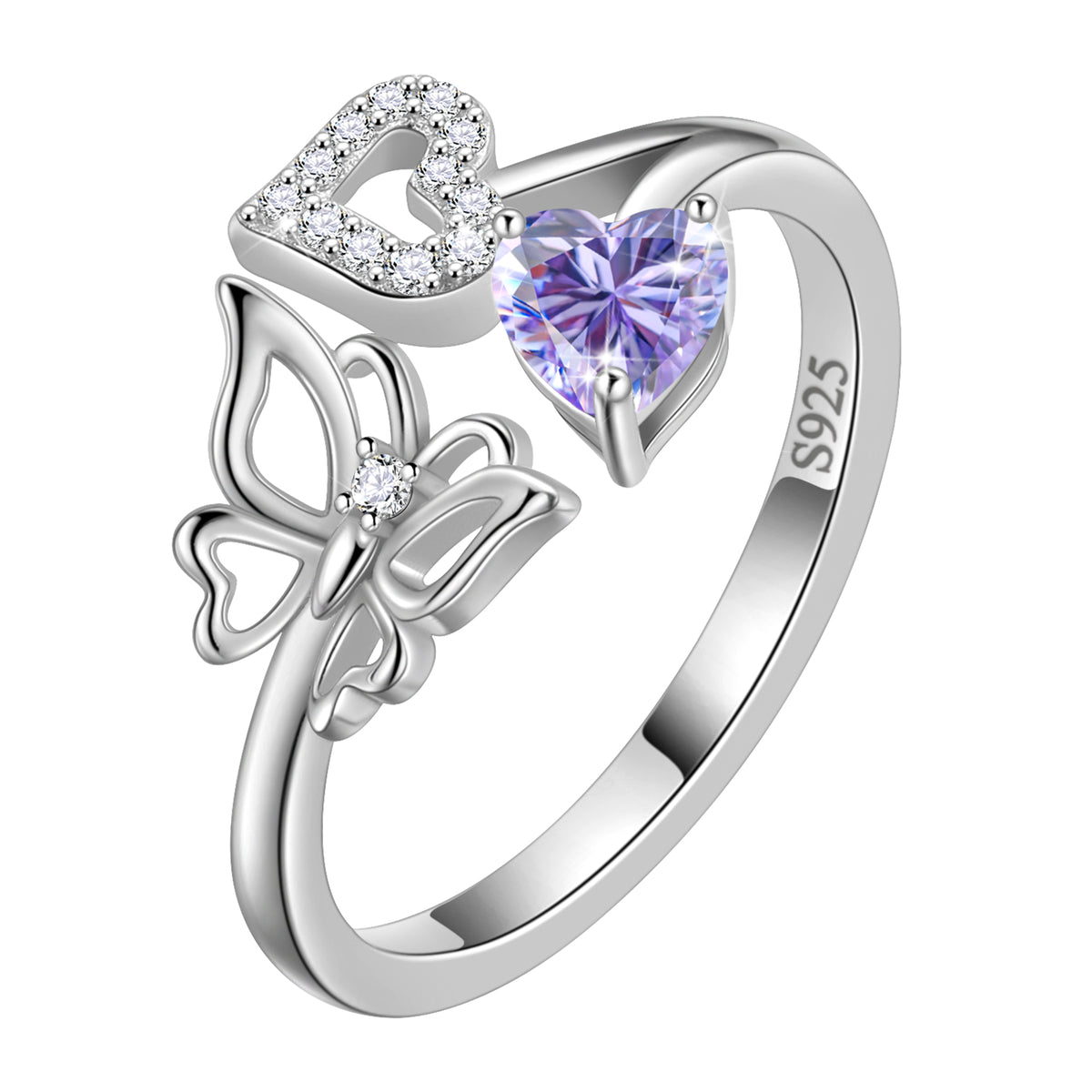 Heart Birthstone Ring,Butterfly 925 Sterling Silver Adjustable Birthstone Open Band Rings Birthday Christmas Mothers Day Jewelry Gifts for Women Mom