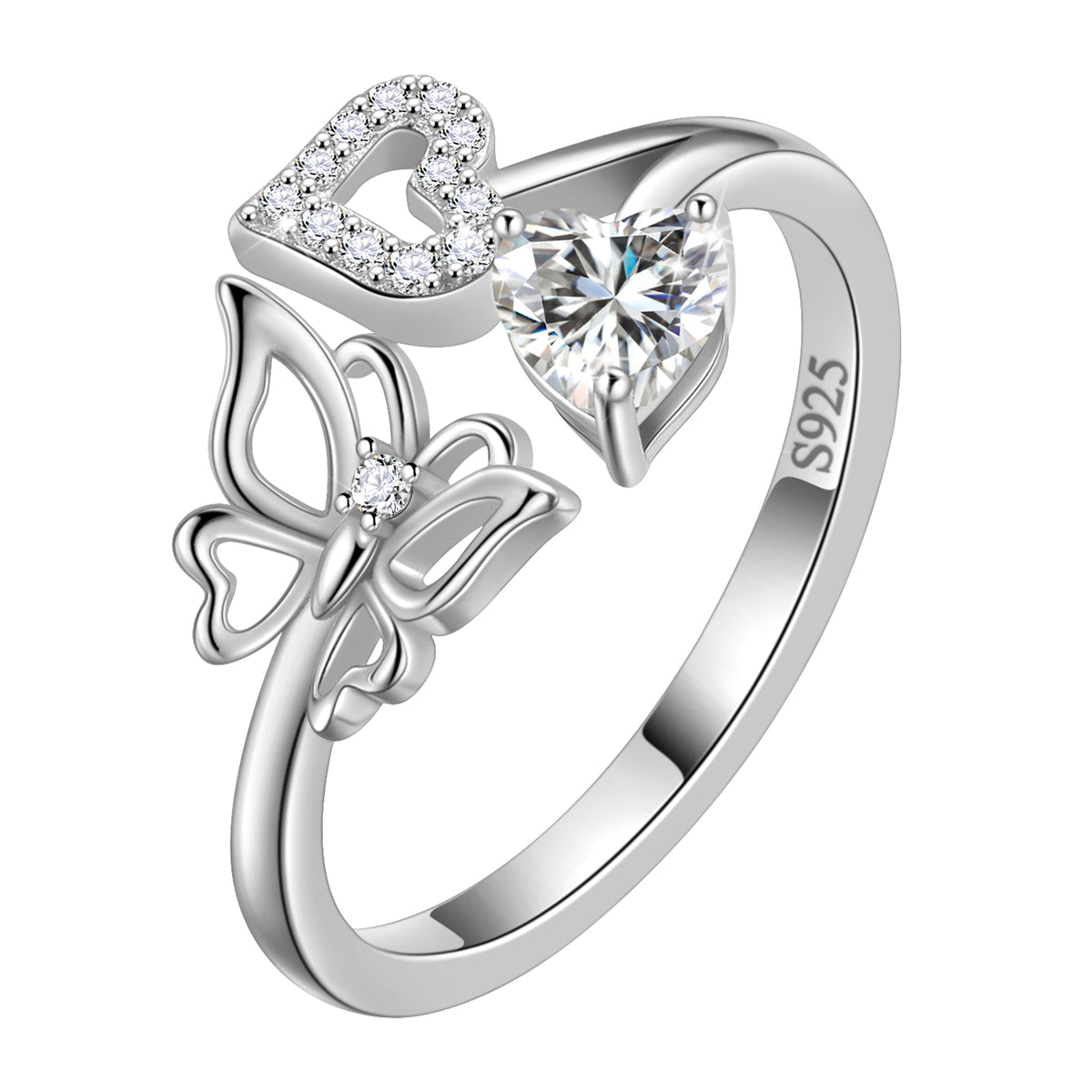 Heart Birthstone Ring,Butterfly 925 Sterling Silver Adjustable Birthstone Open Band Rings Birthday Christmas Mothers Day Jewelry Gifts for Women Mom