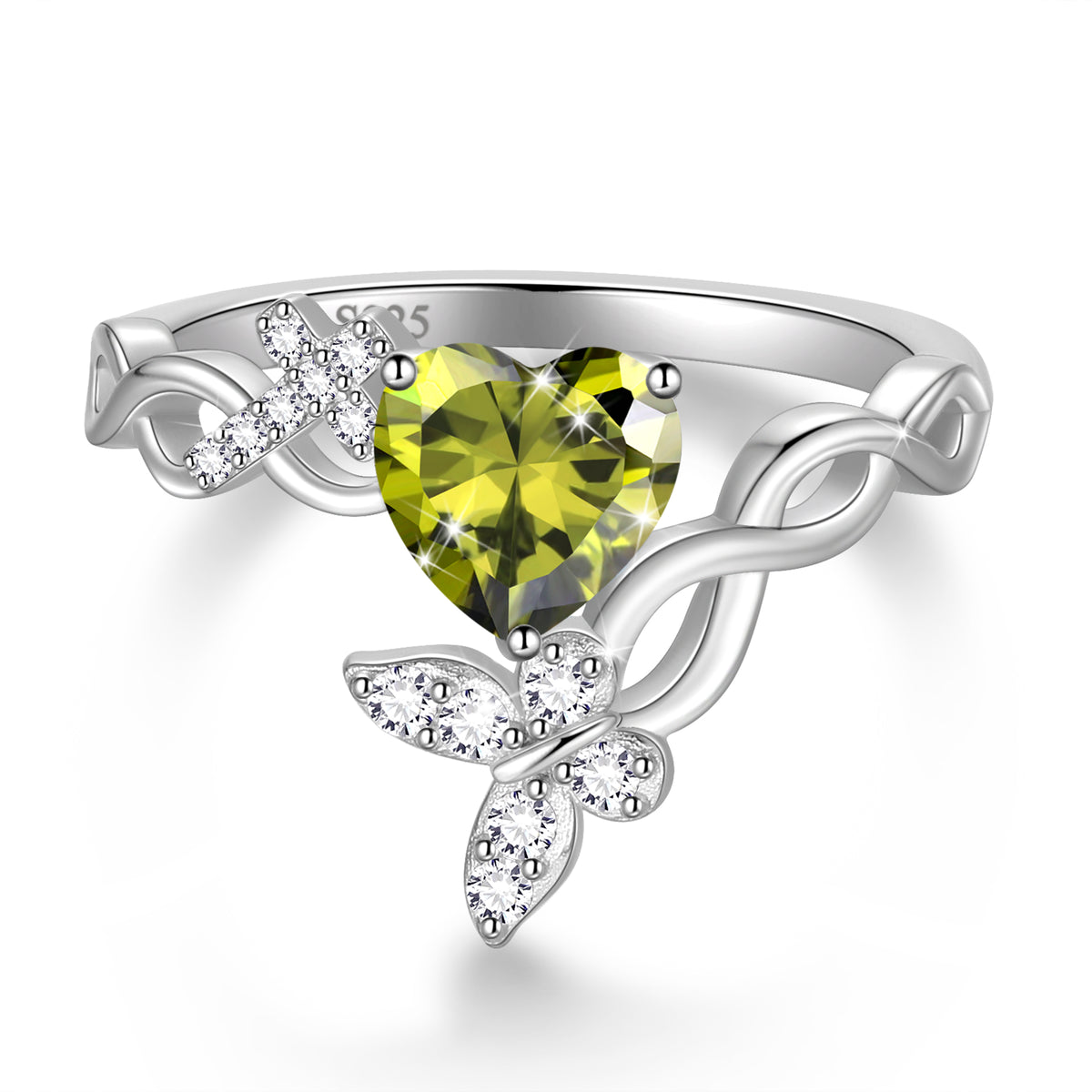 Beautlace Heart Birthstone Halo Ring,Butterfly 925 Sterling Silver Adjustable Birthstone Open Band Rings Birthday Christmas Valentines Jewelry Gifts for Women Mom