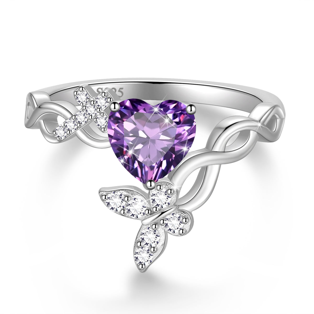 Beautlace Heart Birthstone Halo Ring,Butterfly 925 Sterling Silver Adjustable Birthstone Open Band Rings Birthday Christmas Valentines Jewelry Gifts for Women Mom