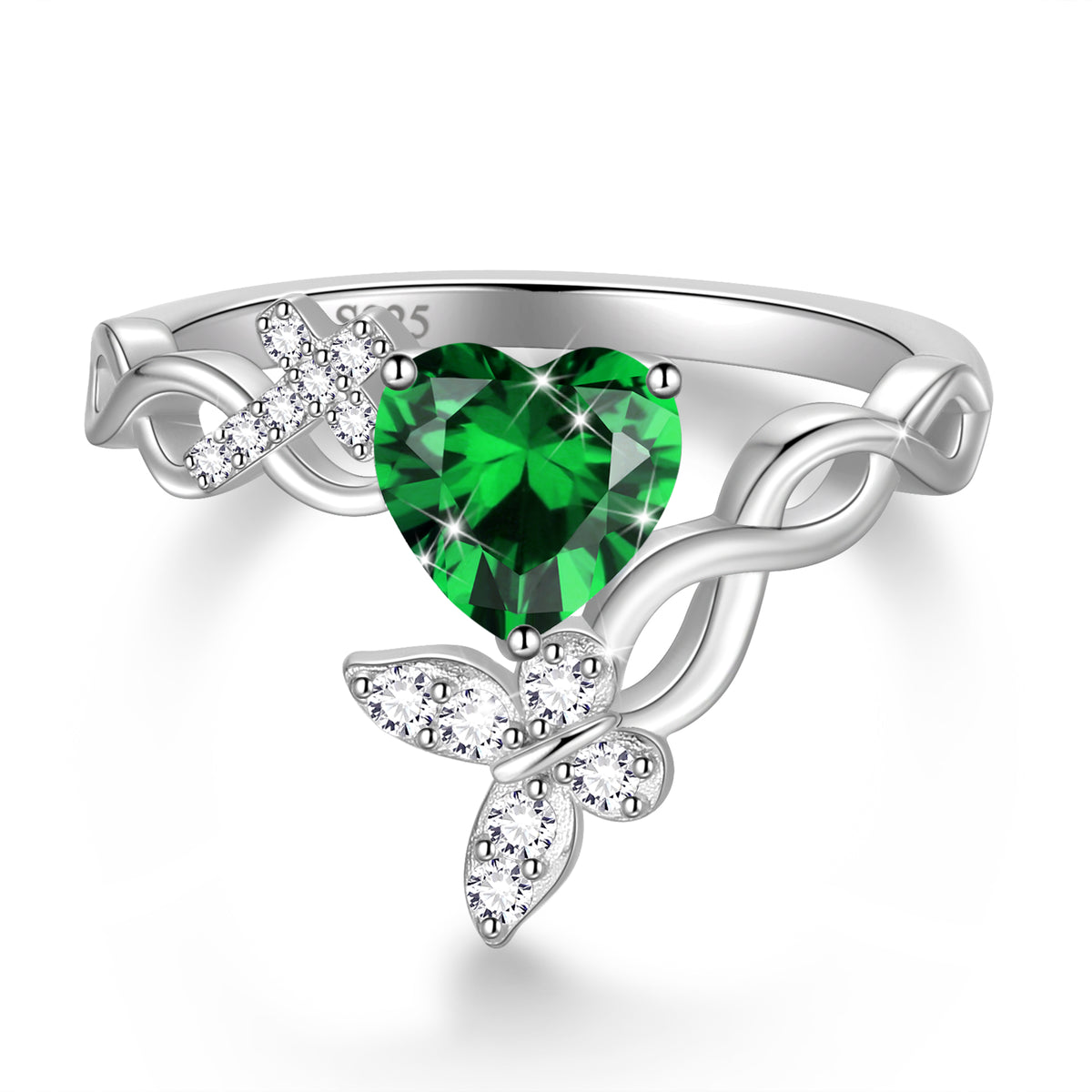 Beautlace Heart Birthstone Halo Ring,Butterfly 925 Sterling Silver Adjustable Birthstone Open Band Rings Birthday Christmas Valentines Jewelry Gifts for Women Mom