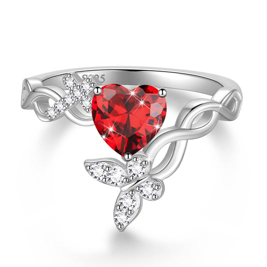 Beautlace Heart Birthstone Halo Ring,Butterfly 925 Sterling Silver Adjustable Birthstone Open Band Rings Birthday Christmas Valentines Jewelry Gifts for Women Mom