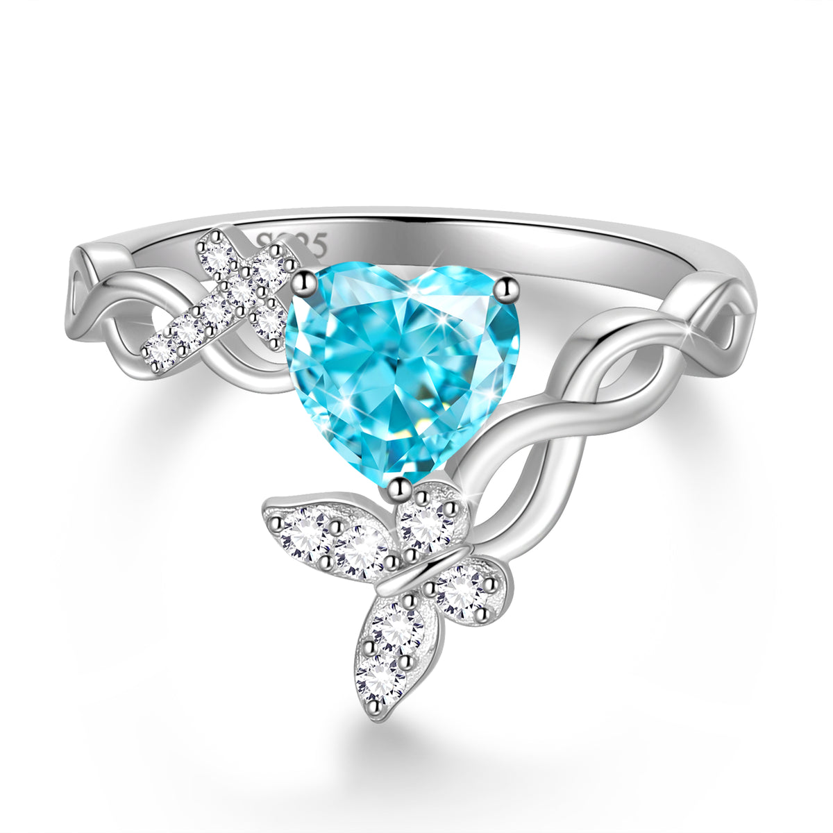Beautlace Heart Birthstone Halo Ring,Butterfly 925 Sterling Silver Adjustable Birthstone Open Band Rings Birthday Christmas Valentines Jewelry Gifts for Women Mom