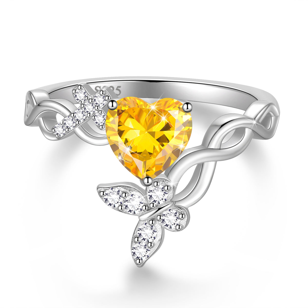 Beautlace Heart Birthstone Halo Ring,Butterfly 925 Sterling Silver Adjustable Birthstone Open Band Rings Birthday Christmas Valentines Jewelry Gifts for Women Mom