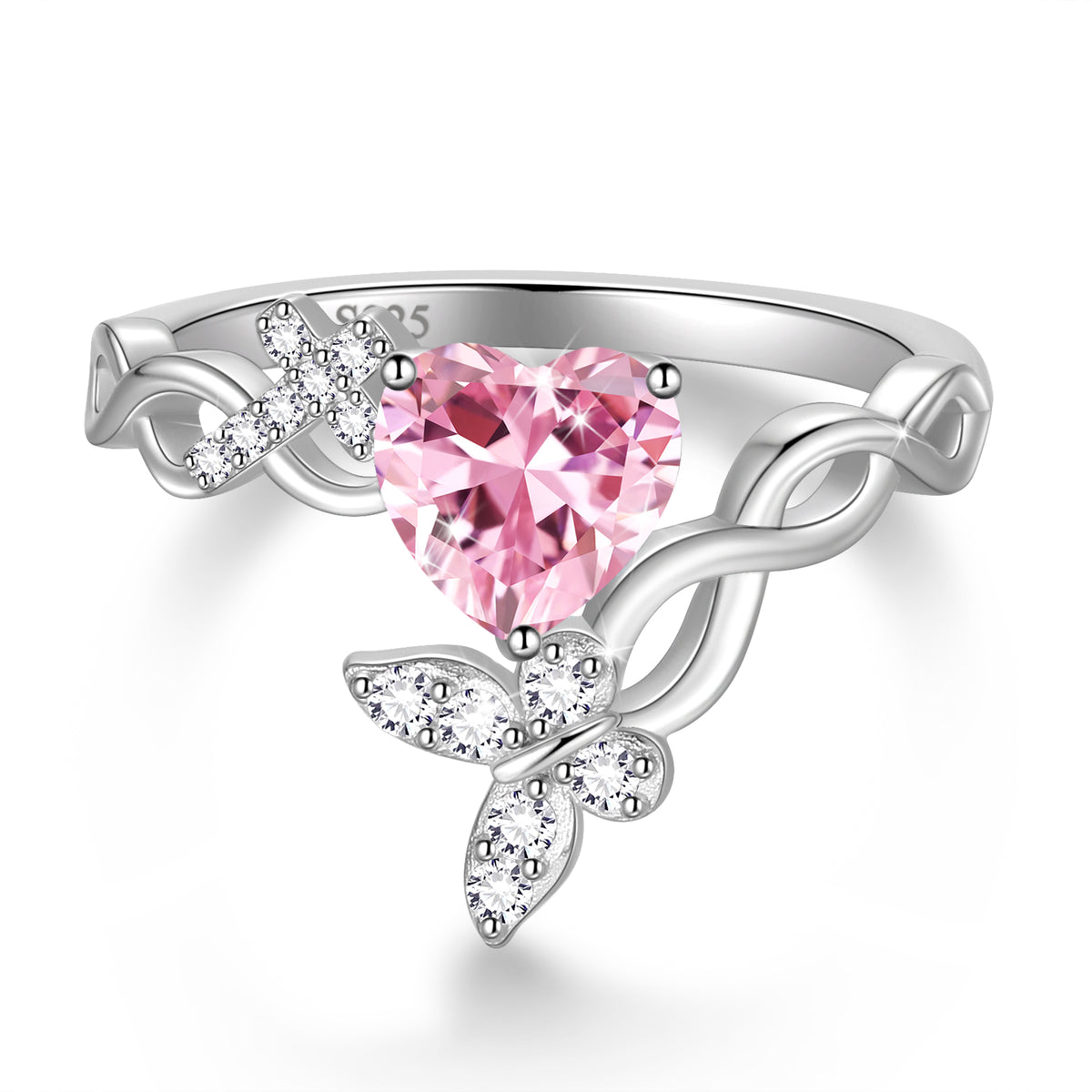 Beautlace Heart Birthstone Halo Ring,Butterfly 925 Sterling Silver Adjustable Birthstone Open Band Rings Birthday Christmas Valentines Jewelry Gifts for Women Mom