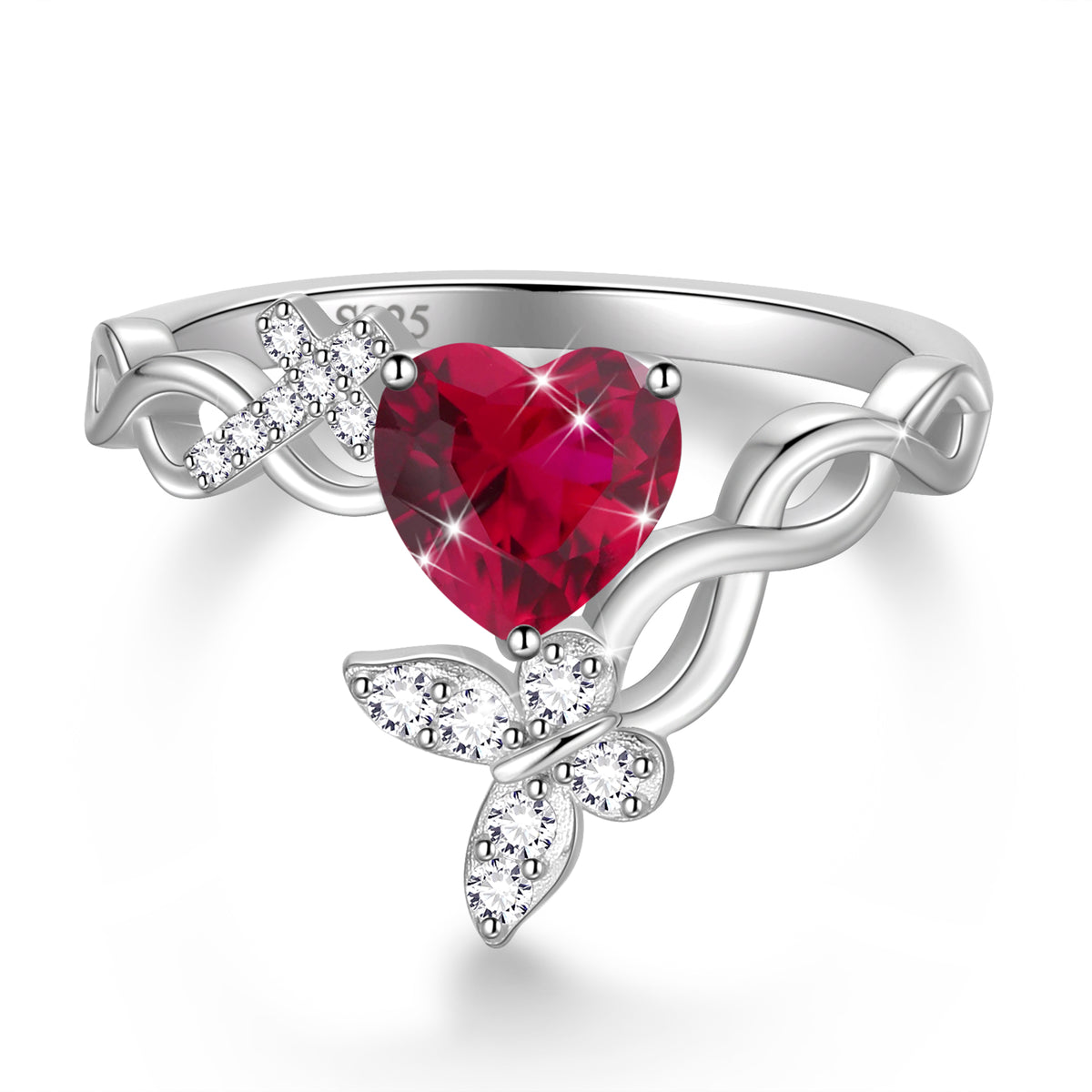 Beautlace Heart Birthstone Halo Ring,Butterfly 925 Sterling Silver Adjustable Birthstone Open Band Rings Birthday Christmas Valentines Jewelry Gifts for Women Mom