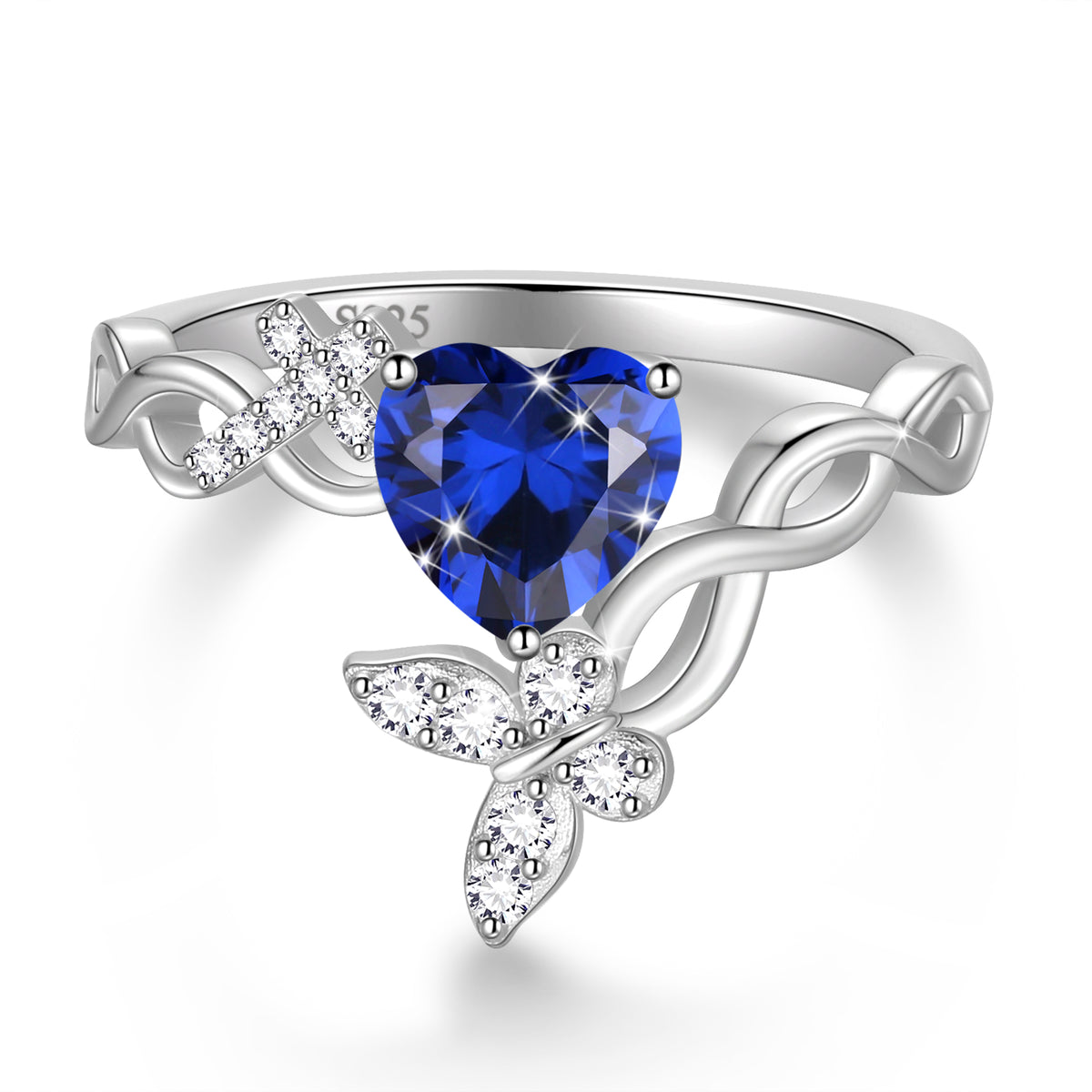 Beautlace Heart Birthstone Halo Ring,Butterfly 925 Sterling Silver Adjustable Birthstone Open Band Rings Birthday Christmas Valentines Jewelry Gifts for Women Mom