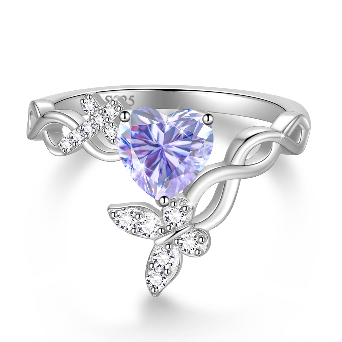 Beautlace Heart Birthstone Halo Ring,Butterfly 925 Sterling Silver Adjustable Birthstone Open Band Rings Birthday Christmas Valentines Jewelry Gifts for Women Mom