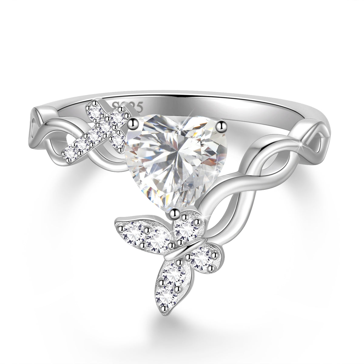 Beautlace Heart Birthstone Halo Ring,Butterfly 925 Sterling Silver Adjustable Birthstone Open Band Rings Birthday Christmas Valentines Jewelry Gifts for Women Mom